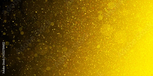 Gold glitter background with bright sparkling circles or blurred bokeh lights on black background, yellow abstract pattern of shimmery golden sparkles in holiday Christmas design effect