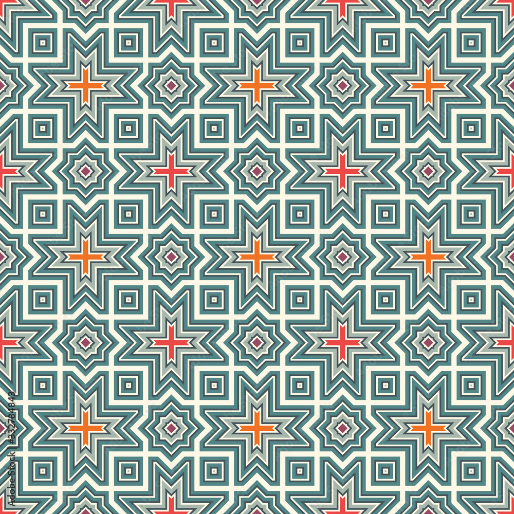 Seamless arabic ornament. Moroccan stars and crosses motif. Arabesque traditional pattern with mosaic tile.