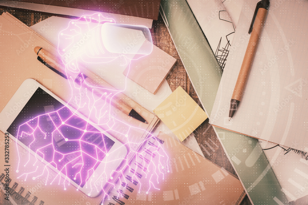 Fototapeta premium Double exposure of drawing man in AR glasses over table with phone. Top view. VR concept.