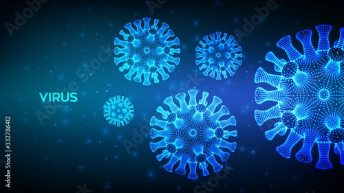 Coronavirus 2019-nCov. Abstract novel coronavirus bacteria. Microscopic view of virus cell close up. COVID-19. Dangerous asian ncov corona virus. SARS pandemic risk concept. 3D vector illustration.