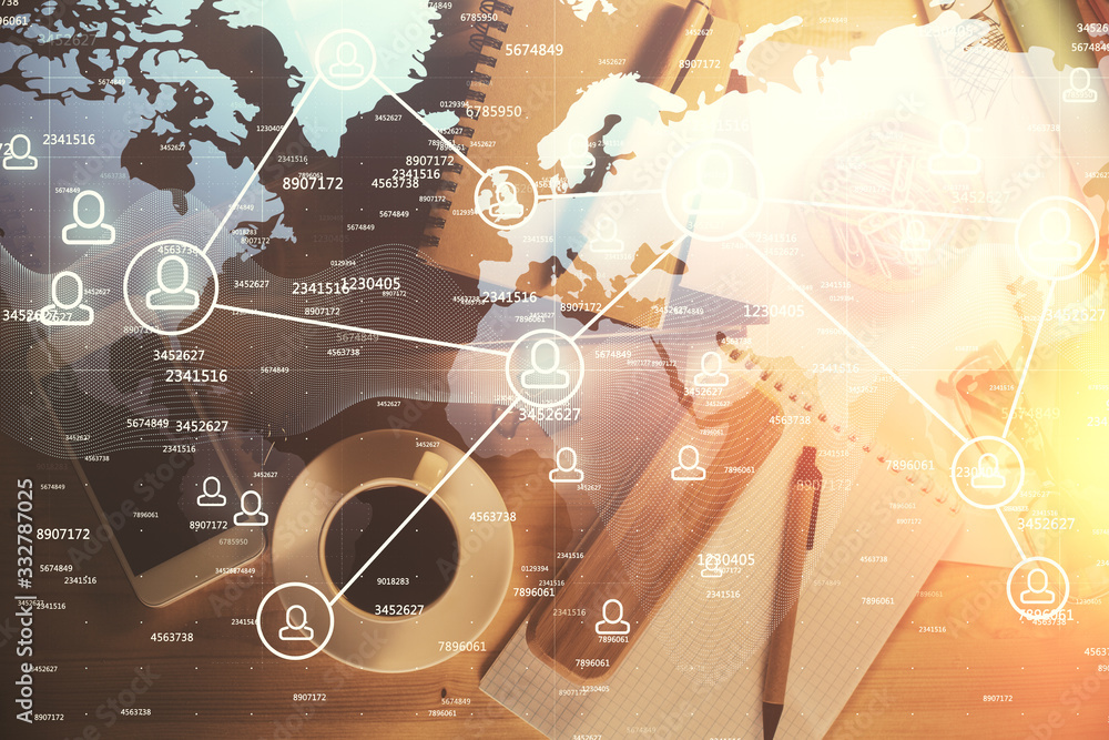 Double exposure of social network theme drawing and work table top veiw. Concept of international connection. Double exposure of social network theme drawing and work table top veiw. Concept of international connection.