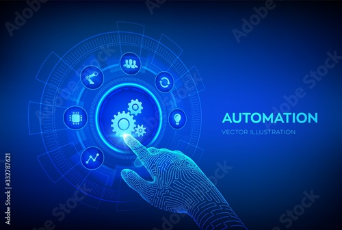 Automation Software. IOT and Automation concept as an innovation, improving productivity in technology and business processes. Robotic hand touching digital interface. Vector illustration.