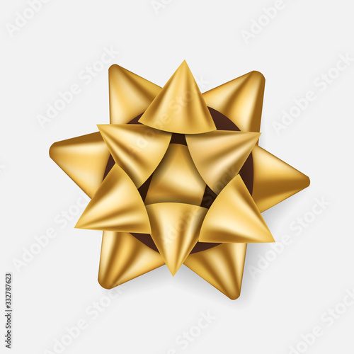 Gift bow. Golden ribbon present box decoration.