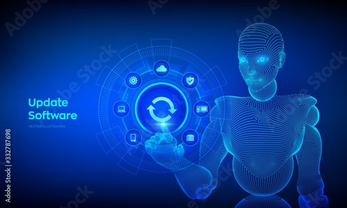 Update Software. Upgrade Software version concept on virtual screen. Computer program upgrade technology internet concept. Wireframed cyborg hand touching digital interface. Vector illustration.