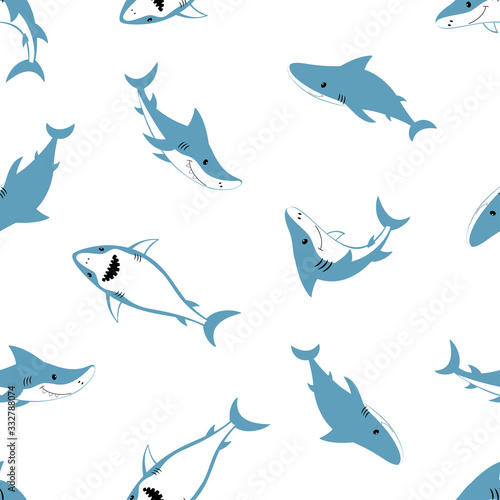seamless pattern of cute diferent sharks isolated on white, animal marine print