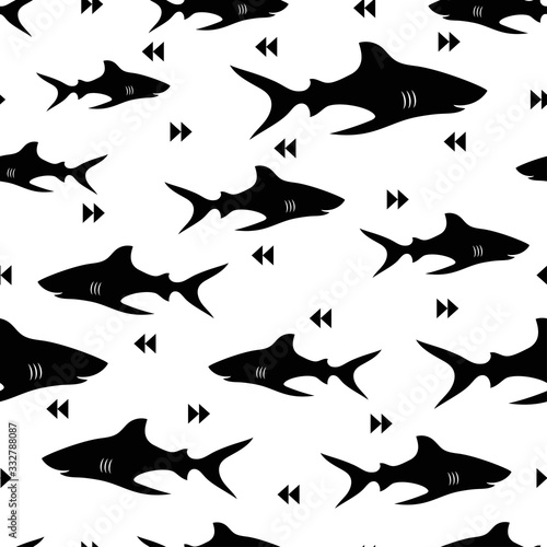 seamless black white pattern of cute sharks isolated on white  animal marine print