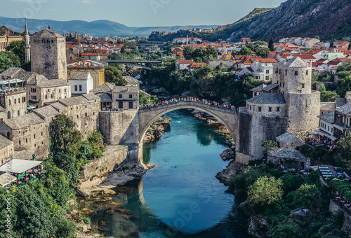 View with Old Bridge, reconstructed 16th century Ottoman bridge, main attraction of Mostar Old Town, Bosnia and Herzegovina