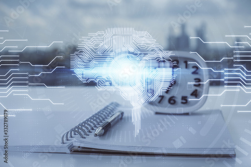 Multi exposure of brain drawings and desk with open notebook background. Concept of AI