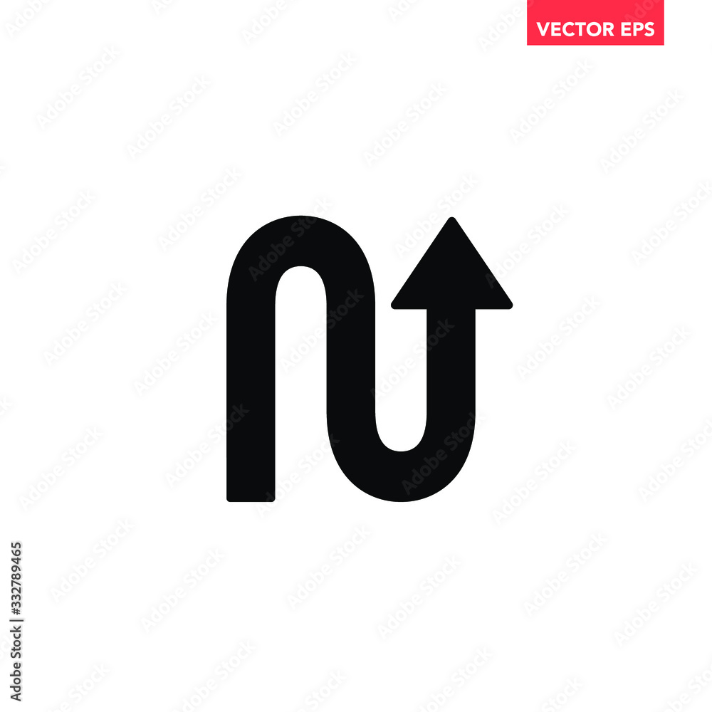 Black single 1 way double curved arrows icon, simple flat design pointer concept vector for app ads web banner button ui ux interface elements isolated on white background