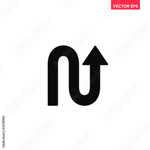 Black single 1 way double curved arrows icon, simple flat design pointer concept vector for app ads web banner button ui ux interface elements isolated on white background