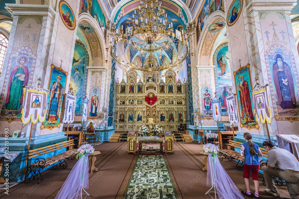 Inside the Orthodox church in former Carmelite monastery complex in Terebovlia town located in Ternopil Oblast, Ukraine