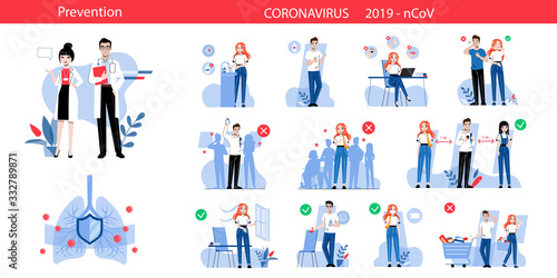 Concept Of Behaviour During Quarantine, Precautionary Measures For Avoidance Viruses Infection. Coronavirus Infographic With Prevention Posters . Cartoon Linear Outline Flat Vector Illustrations Set