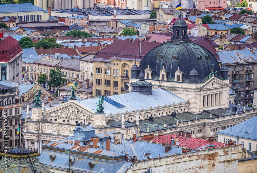Dome of Lviv Opera building seen from a top of the City Hall tower, Ukraine