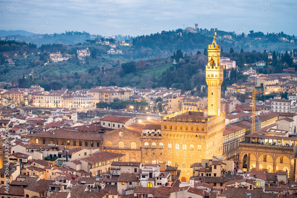 Aerial view of Florence at night, Tuscany, Italy. Piazza Signoria