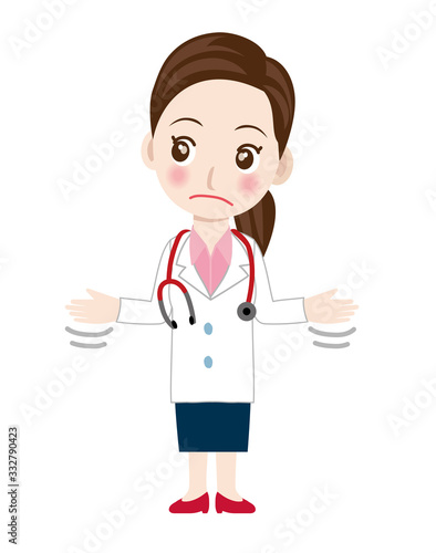 両手を上げて困惑した女性医師のイラスト｜内科医・外科医・全身　白衣｜Illustration of doctor