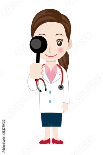 視力検査をする笑顔の女性医師のイラスト｜内科医・外科医・全身　白衣｜Illustration of doctor