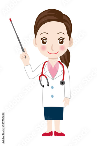 支持棒を持つ笑顔の女性医師のイラスト｜内科医・外科医・全身　白衣｜Illustration of doctor