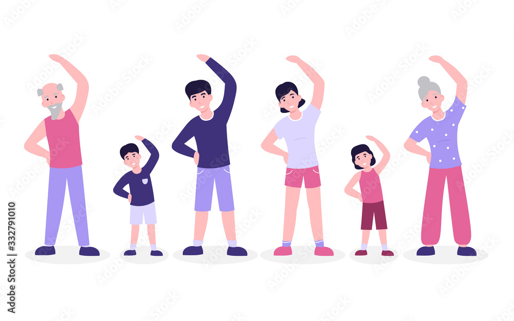 Big family do morning fitness exercising, slope. Flat vector cartoon modern illustration isolated white background.