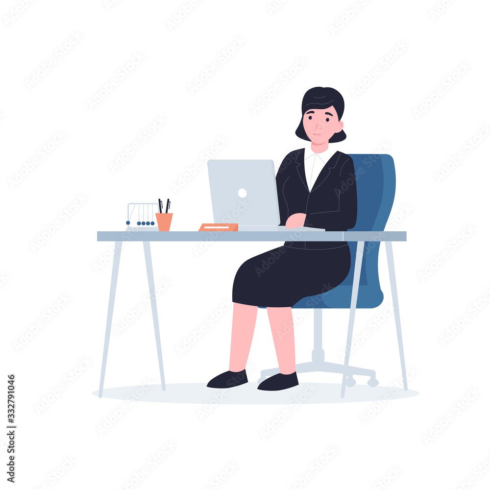 Businesswoman sitting at the table and using a laptop. Flat vector modern illustration isolated on white background. Businesswoman sitting at the table and using a laptop. Flat vector modern illustration isolated on white background.