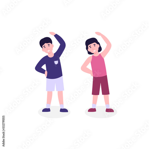 Children do morning fitness exercising, slope. Flat vector cartoon modern illustration isolated white background.