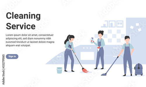 Cleaning service concept professional team workers. Woman with mop brush clean floor at the kitchen. Flat vector cartoon modern illustration for web page, banner, poster, template, layout.