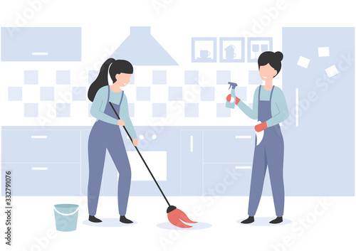 Cleaning service concept professional workers. Woman with mop brush clean floor at the kitchen. Flat vector cartoon modern illustration.