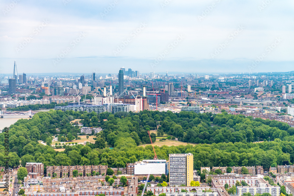 Aerial view of London cityscape and parks