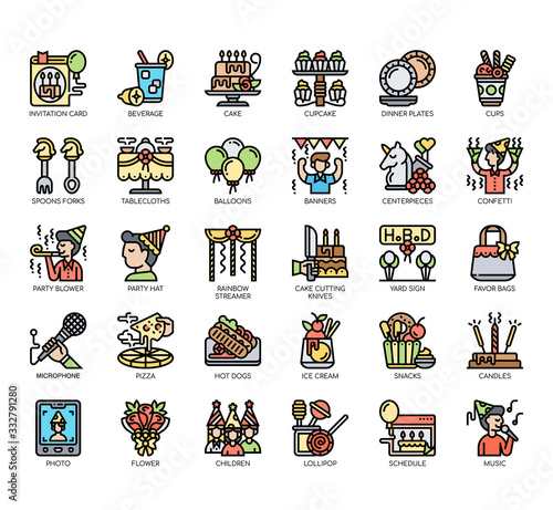 Set of birthday party thin line and pixel perfect icons for any web and app project.