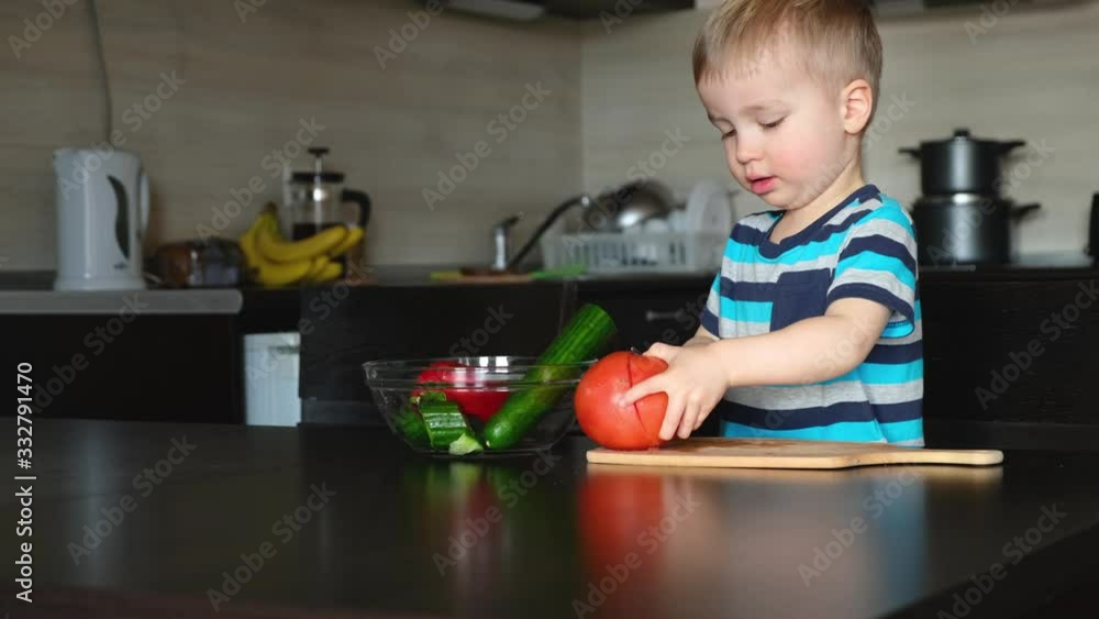 small independent child intently try to cut big red tomato with knife, cooks vegetable salad in kitchen, little vegetarian kid helper training skill of coordination small independent child intently try to cut big red tomato with knife, cooks vegetable salad in kitchen, little vegetarian kid helper training skill of coordination