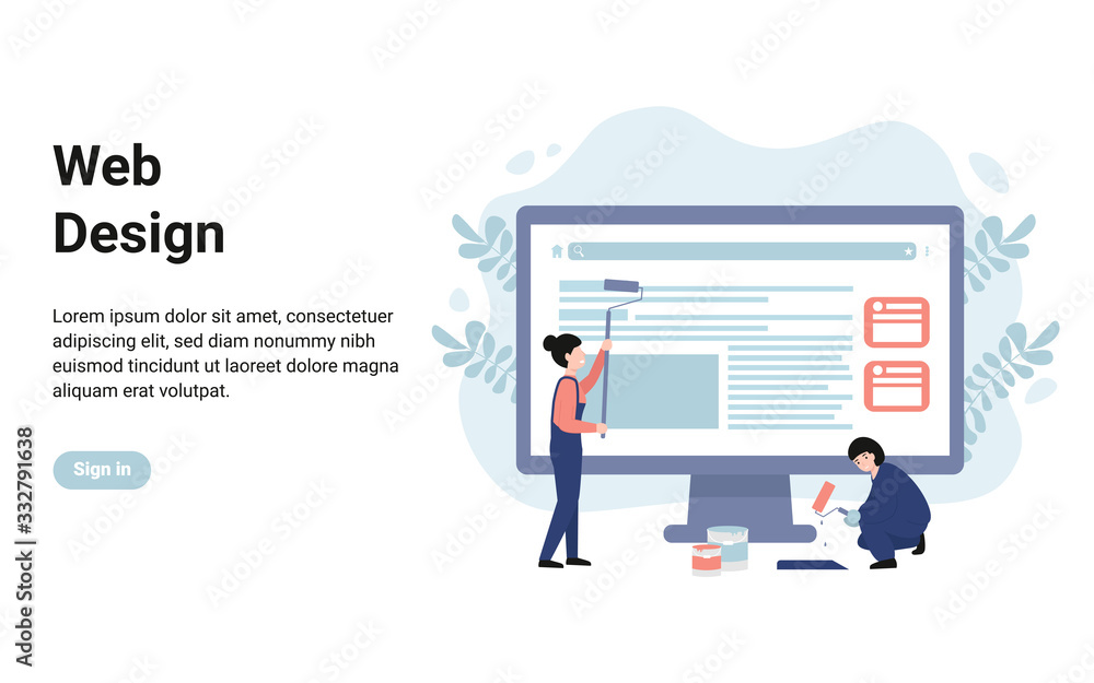 Web design studio, website creation process, creative team. People stand near big computer. Business poster for presentation, social media, banner, web page. Flat vector modern illustration. Web design studio, website creation process, creative team. People stand near big computer. Business poster for presentation, social media, banner, web page. Flat vector modern illustration.