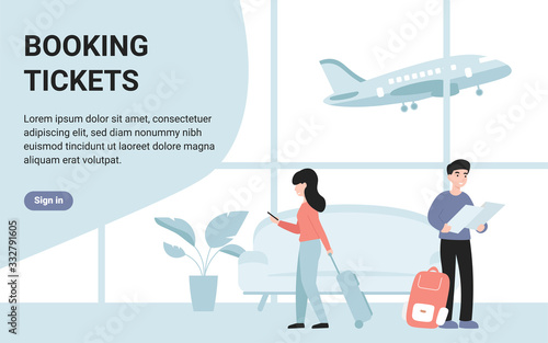 Booking online tickets now. Flat vector modern concept illustration web page, banner, poster, template, layout.