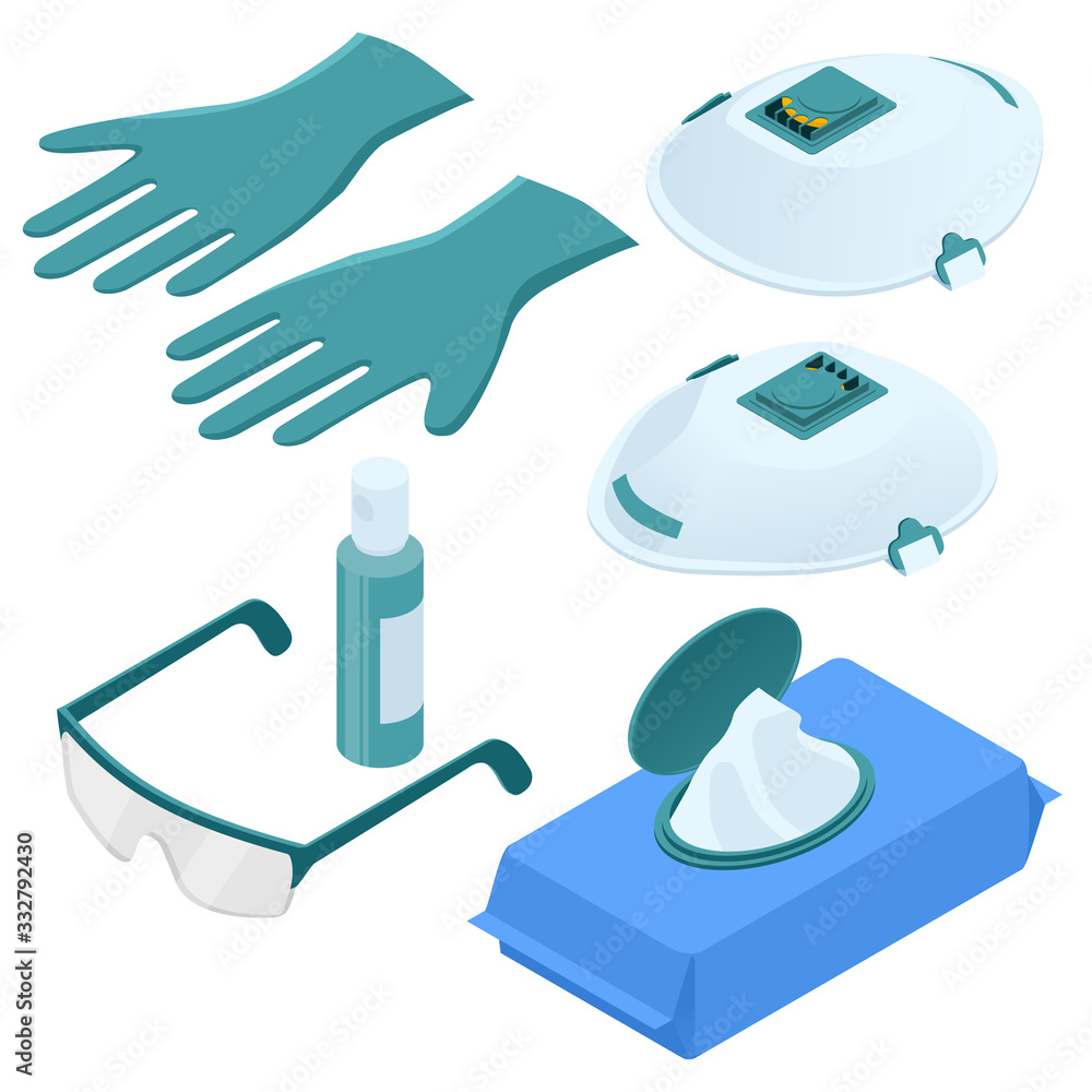 Isometric set of disposable protection against coronavirus, gloves, medical mask, hand sanitizer gel, alcohol, paper towels. The coronavirus protection trend is COVID-19. Isometric set of disposable protection against coronavirus, gloves, medical mask, hand sanitizer gel, alcohol, paper towels. The coronavirus protection trend is COVID-19.