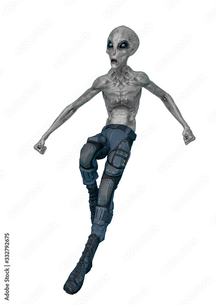 grey alien on military ready to win in white background