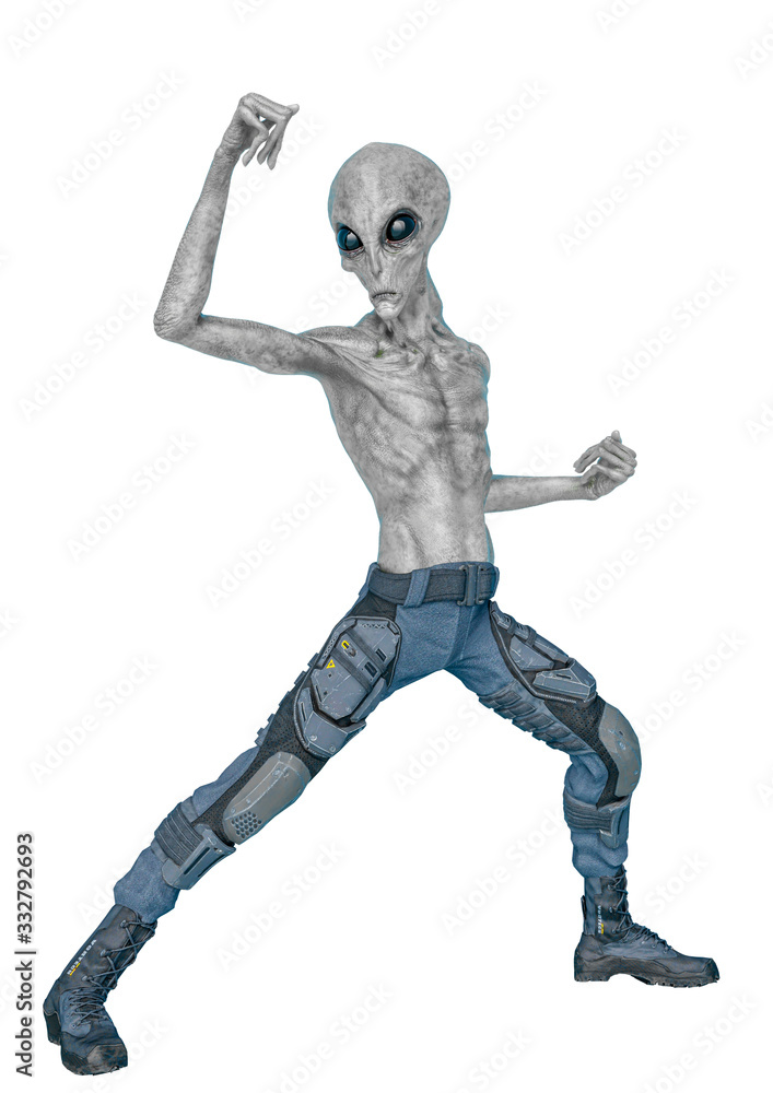 grey alien on military ready to win in white background grey alien on military ready to win in white background
