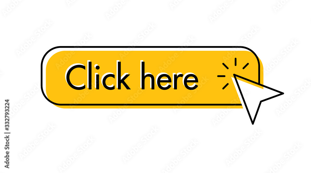 Click here button with arrow pointer clicking. Cursor pointer. Click here button with arrow pointer clicking. Cursor pointer.