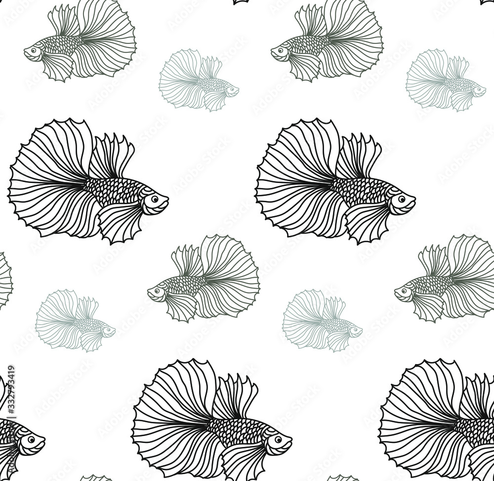 Vector fish pattern. Black and grey fish on a white background. Vector pattern for fabric, notebooks, backgrounds, children's items. Exotic fish vector pattern. Fish of different sizes and shades. Vector fish pattern. Black and grey fish on a white background. Vector pattern for fabric, notebooks, backgrounds, children's items. Exotic fish vector pattern. Fish of different sizes and shades.