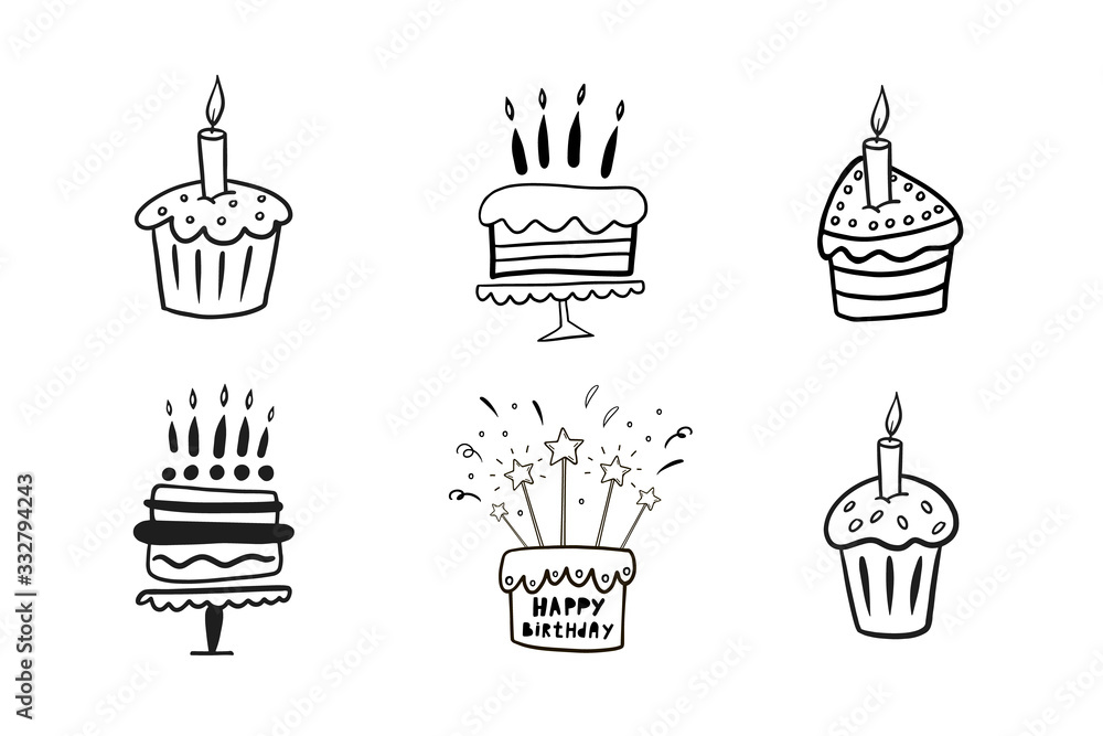 A set of birthday cakes. Birthday cakes. Vector illustration of doodles cakes. Freehand drawing.