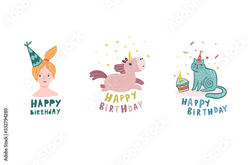 Fototapeta Naklejka Na Ścianę i Meble -  Happy Birthday. Set of birthday designs. Set of illustrations for a birthday. Vector illustration in flat style. Cartoon style drawings.