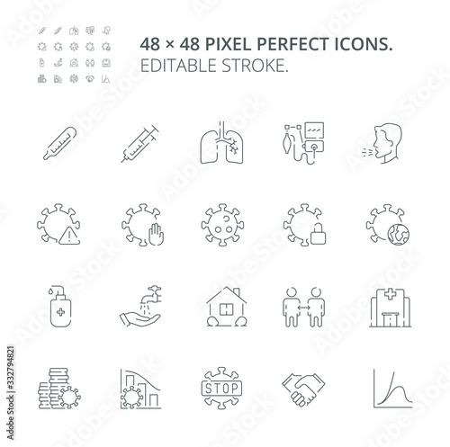 Simple set of Coronavirus COVID-19 infectious disease vector line web icons. Contains such Icons as Coronavirus, Virus, COVID-19, Lockdown, Cough, Lungs and more. Editable Stroke. 48x48 Pixel Perfect.