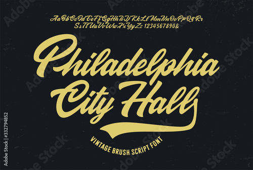 "Philadelphia City Hall". Original Brush Script Font. Retro Typeface. Vector Illustration.