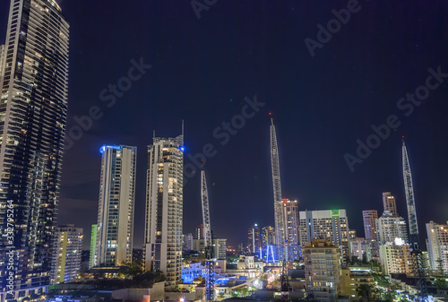 Surfers Paradise  Gold Coast. City skyscrapers and buildings at night  aerial view  Australia