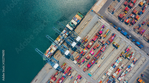 Container ship, Business logistic import-export transport international and transportation of containers in port , Shipping container buildings, Aerial at night view of Shipping container worldwide
