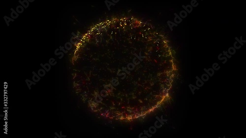 Seamless loop. Animation of a yellow circle portal, consisting of particles and bursts of energy, isolated on black background with alpha luma matte VFX CG 4k. Space door. Constellations. Galaxy.