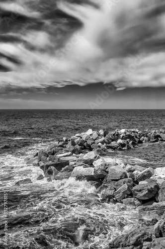 Coastline of Five Lands, Italy, Rocks over the water in infrared