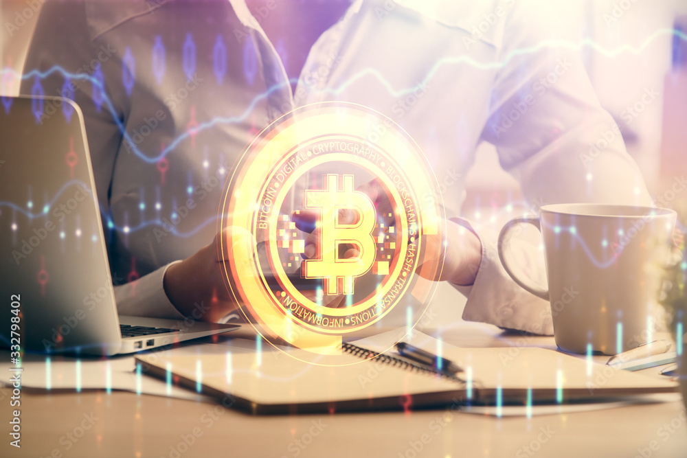 Fototapeta premium Double exposure of blockchain business sketch hologram and woman holding and using a mobile device.