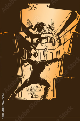 Samson. pushing main pillars at the temple of dagon. poster vector illustration