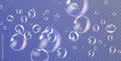 Realistic white water bubbles with reflection on transparent background. Vector illustration