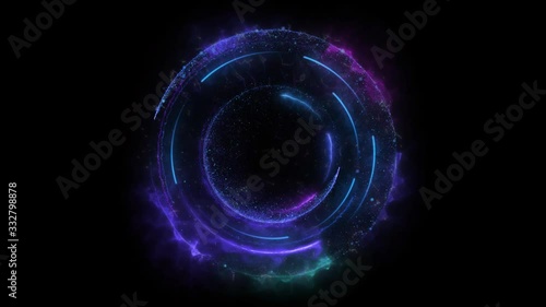 Seamless loop. Animation of a blue geometric round portal consisting of particles and energy trails isolated on black background with alpha luma matte VFX CG 4k. Space door. Sci-fi. Futuristic.