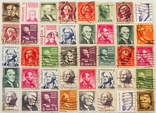 Postage stamps with a various presidents of USA and other politicians.
