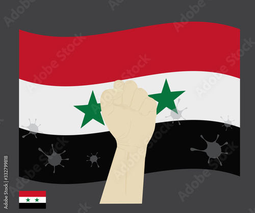 Fist power hand with novel coronavirus or COVID-19 virus stained on the syria National Flag, Fight for syrian people concept, sign symbol background, vector illustration.